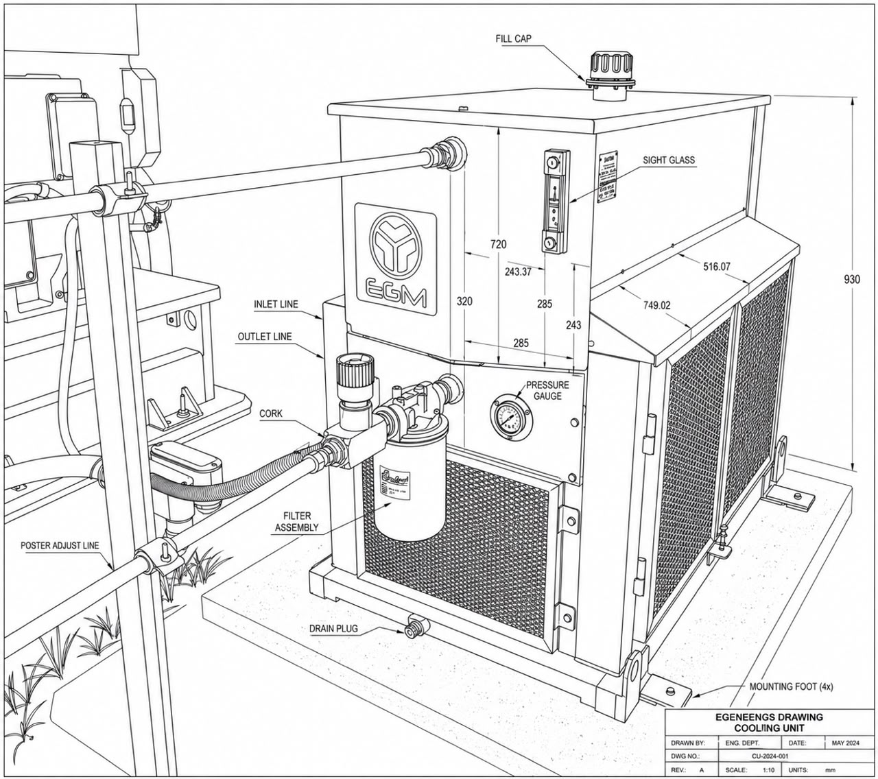 Dibujo técnico lineal detallado de unidad de lubricación industrial EGM SAS